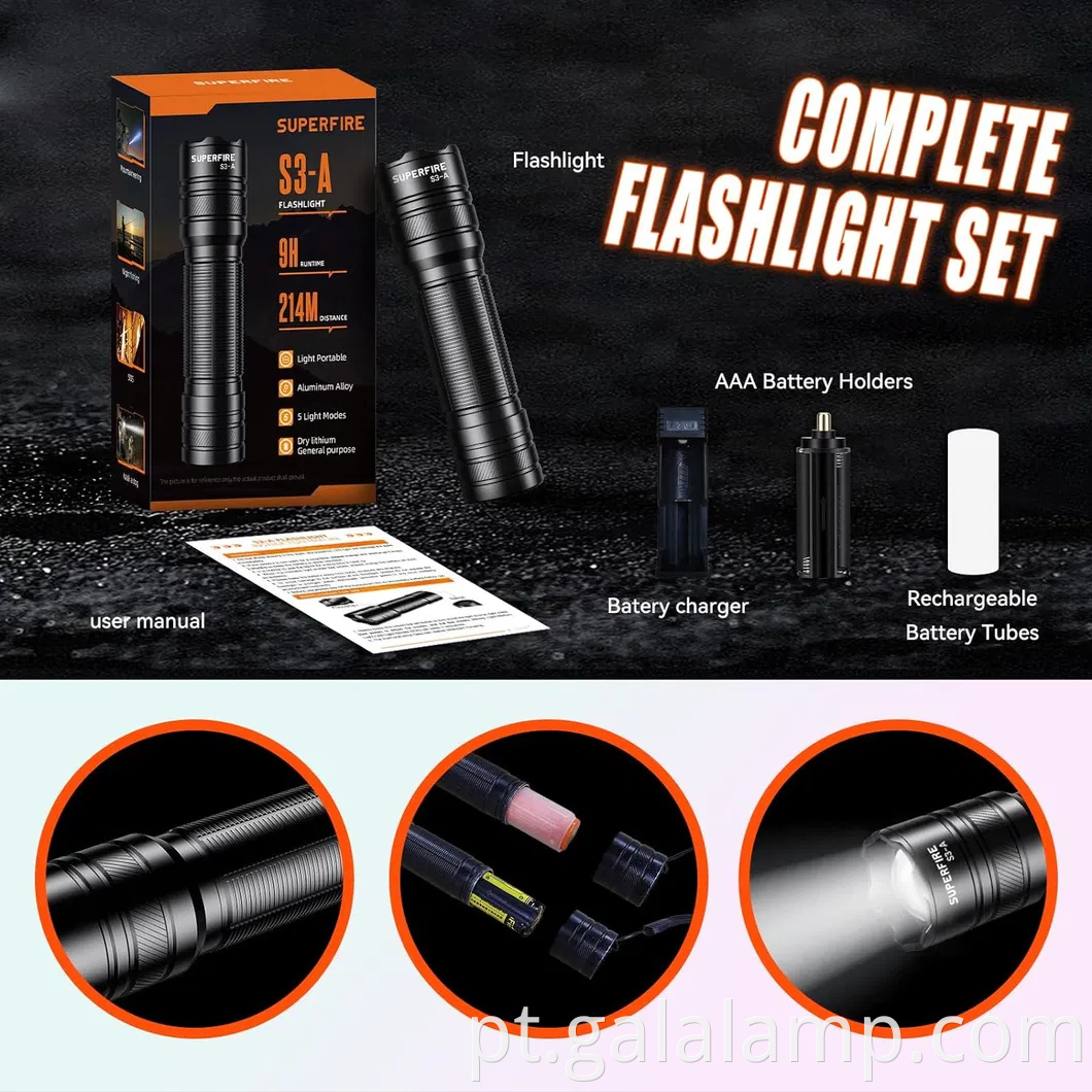 Mini lanterna, liga de alumínio S3-A, lanterna de iluminação externa com zoom variável